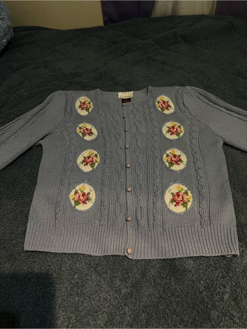 Susan Bristol Light Blue Cable Knit Cardigan with Floral Medallions